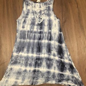 Tie dye like blue,white,and grey shirt